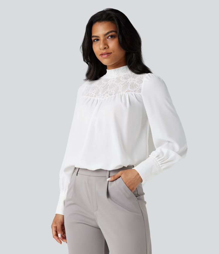 Mock Neck Long Sleeve Contrast Lace Work Shirt