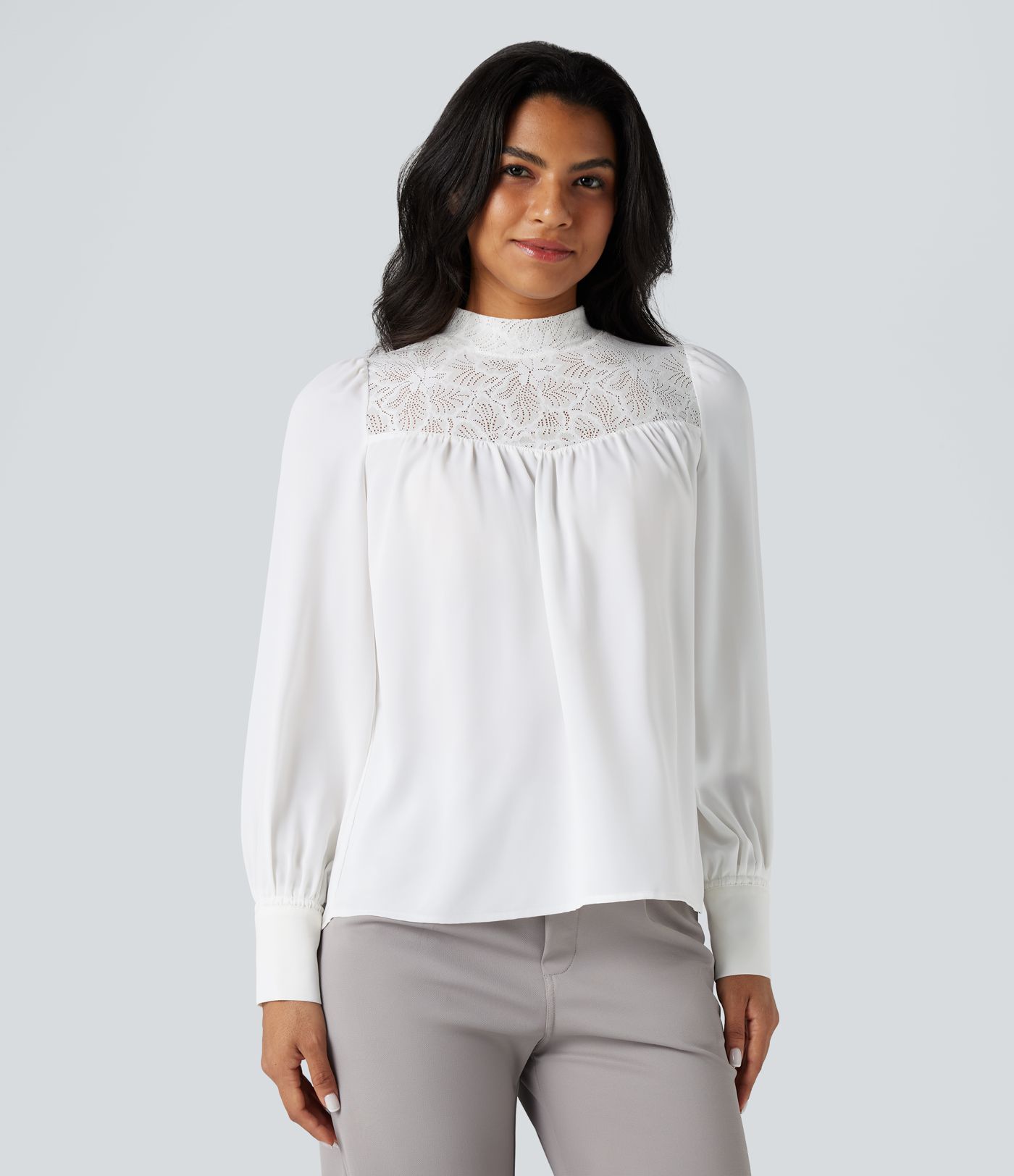 Mock Neck Long Sleeve Contrast Lace Work Shirt
