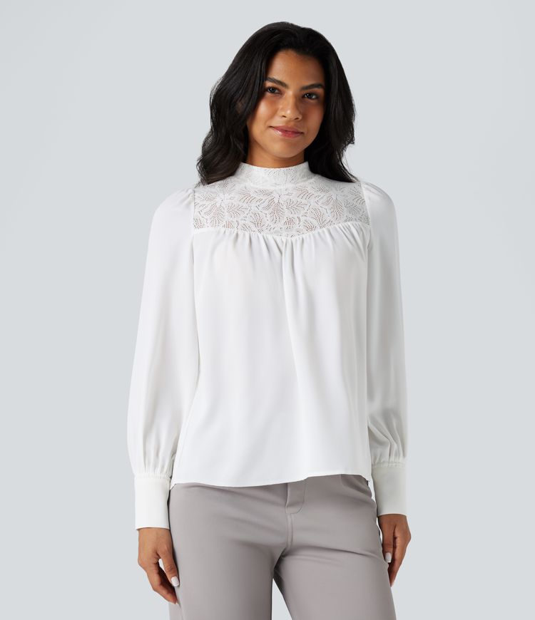 Mock Neck Long Sleeve Contrast Lace Work Shirt