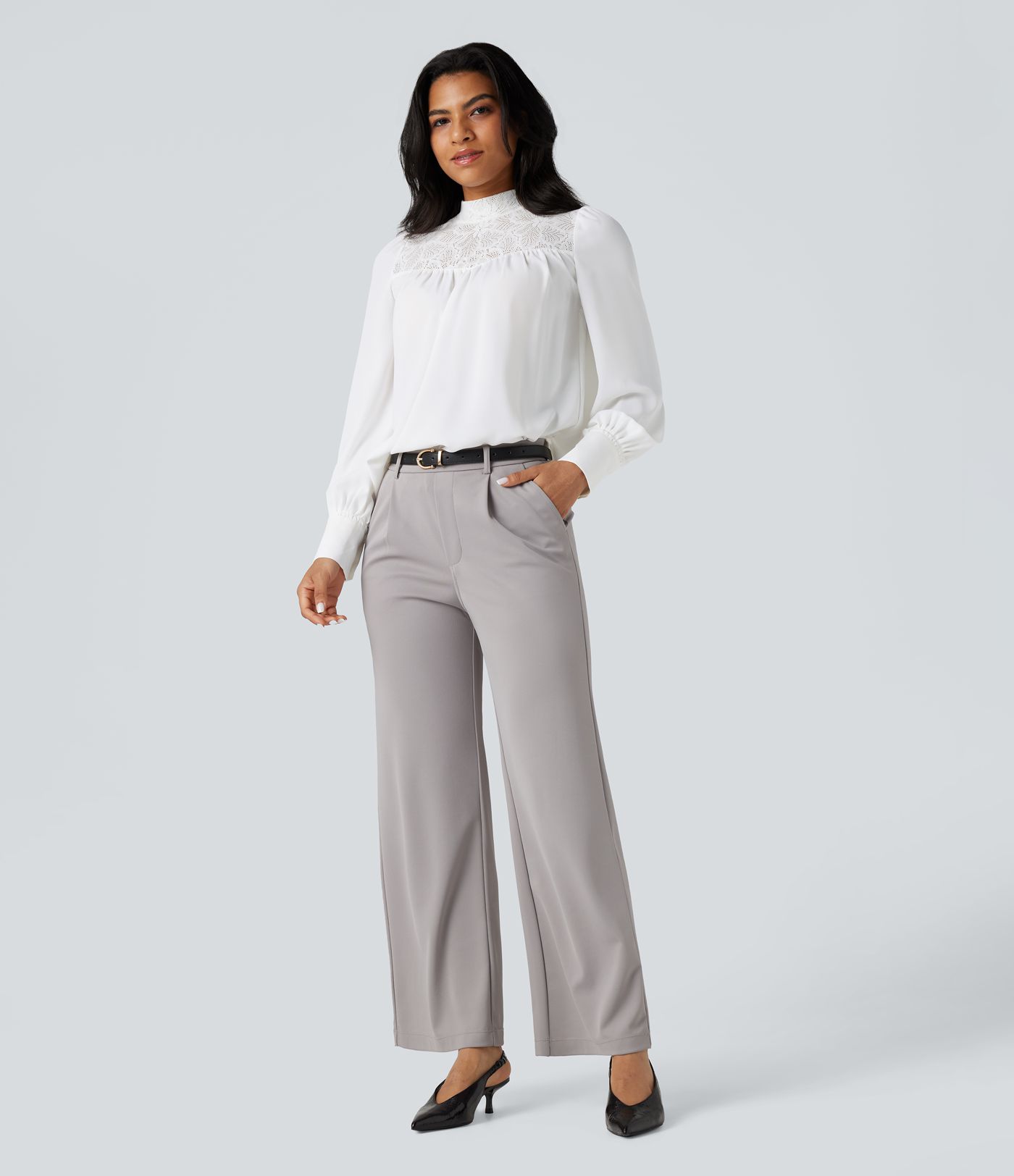 Mock Neck Long Sleeve Contrast Lace Work Shirt