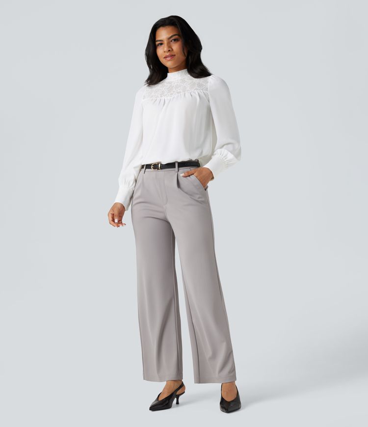 Mock Neck Long Sleeve Contrast Lace Work Shirt