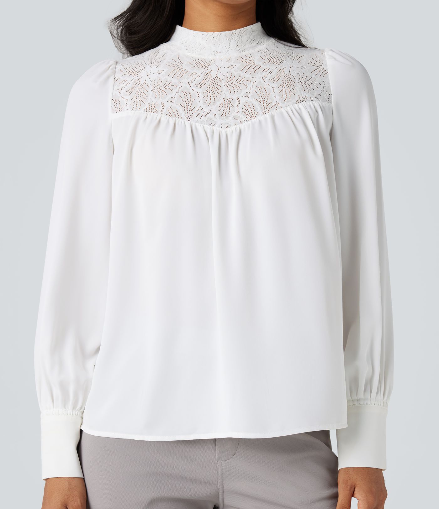 Mock Neck Long Sleeve Contrast Lace Work Shirt