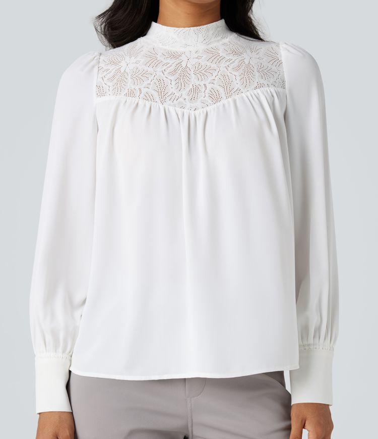 Mock Neck Long Sleeve Contrast Lace Work Shirt