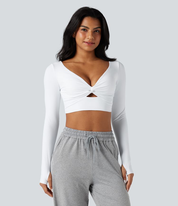 SoftlyZero™ Airy V Neck Cut Out Long Sleeve Thumb Hole Cool Touch Cropped Yoga Sports Top-UPF50+