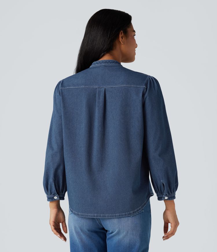 Halara Flex™ camisa casual de mezclilla con cuello mao y mangas 3/4 abullonadas