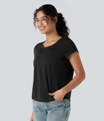 Round Neck Short Sleeve Casual Top with Pocket