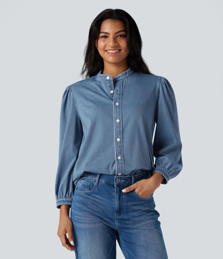 Chemise denim Halara Flex™ col montant manches 3/4 bouffantes