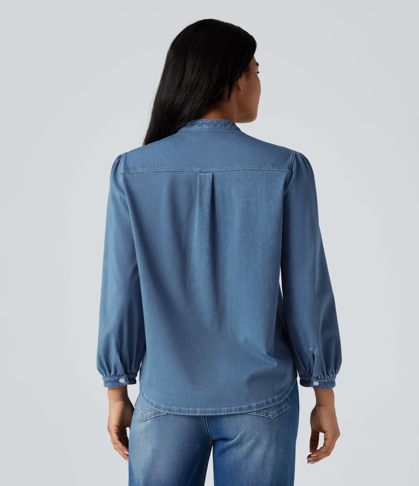 Chemise denim Halara Flex™ col montant manches 3/4 bouffantes