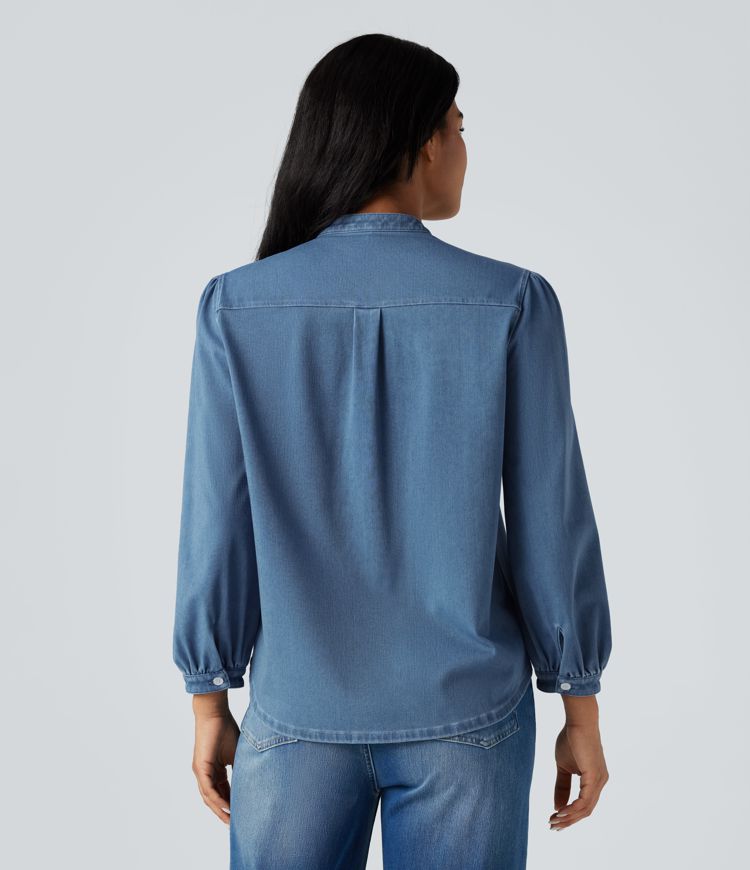 Chemise denim Halara Flex™ col montant manches 3/4 bouffantes