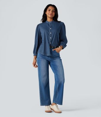 Halara Flex™ camisa casual de mezclilla con cuello mao y mangas 3/4 abullonadas