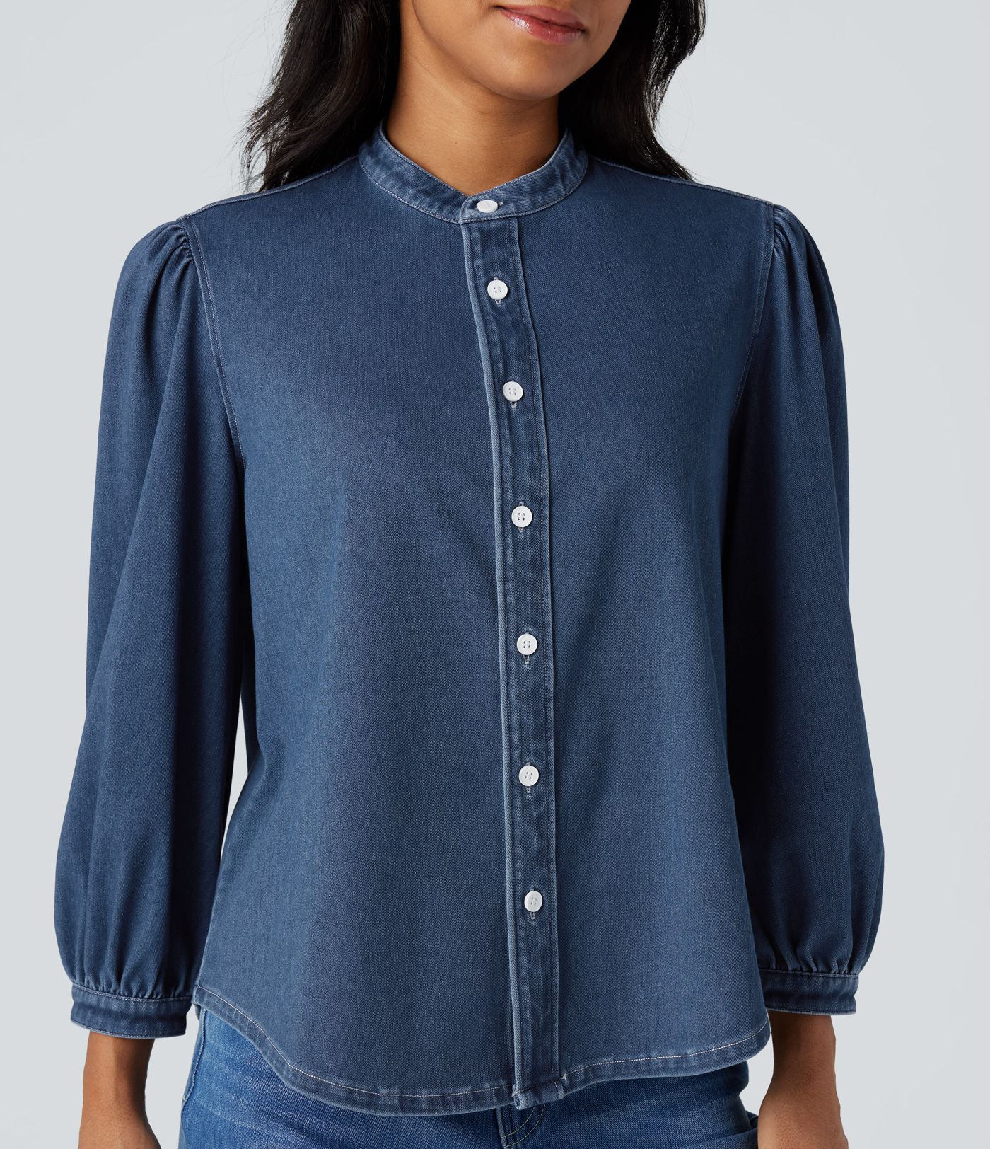 Halara Flex™ camisa casual de mezclilla con cuello mao y mangas 3/4 abullonadas