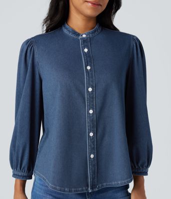 Halara Flex™ camisa casual de mezclilla con cuello mao y mangas 3/4 abullonadas