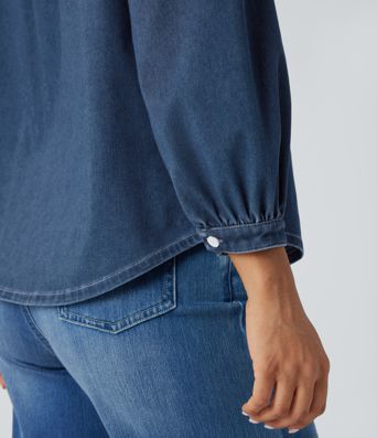 Halara Flex™ camisa casual de mezclilla con cuello mao y mangas 3/4 abullonadas