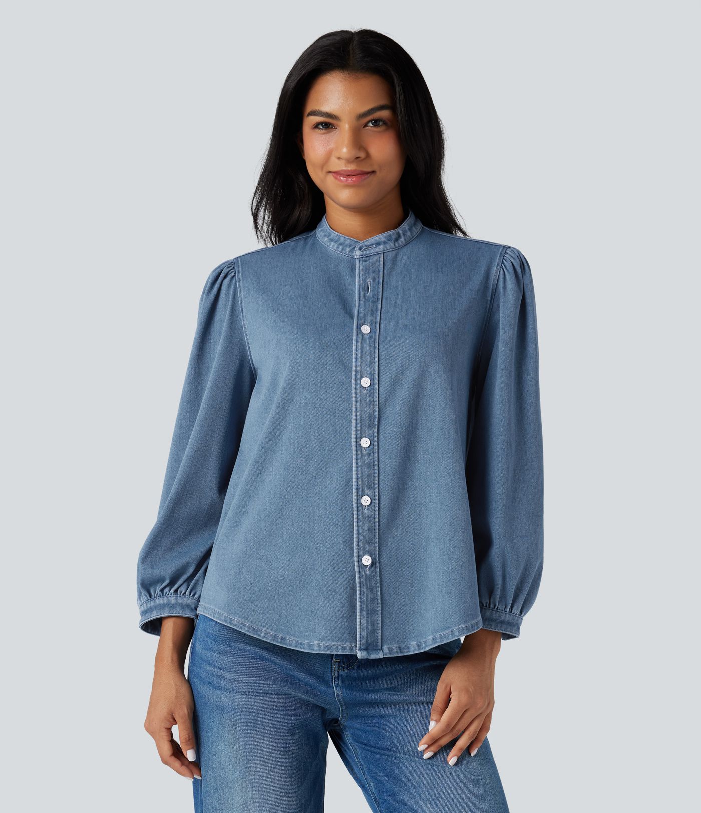 Chemise denim Halara Flex™ col montant manches 3/4 bouffantes