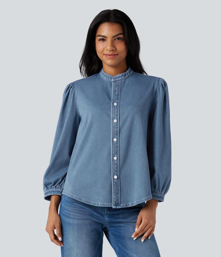 Chemise denim Halara Flex™ col montant manches 3/4 bouffantes