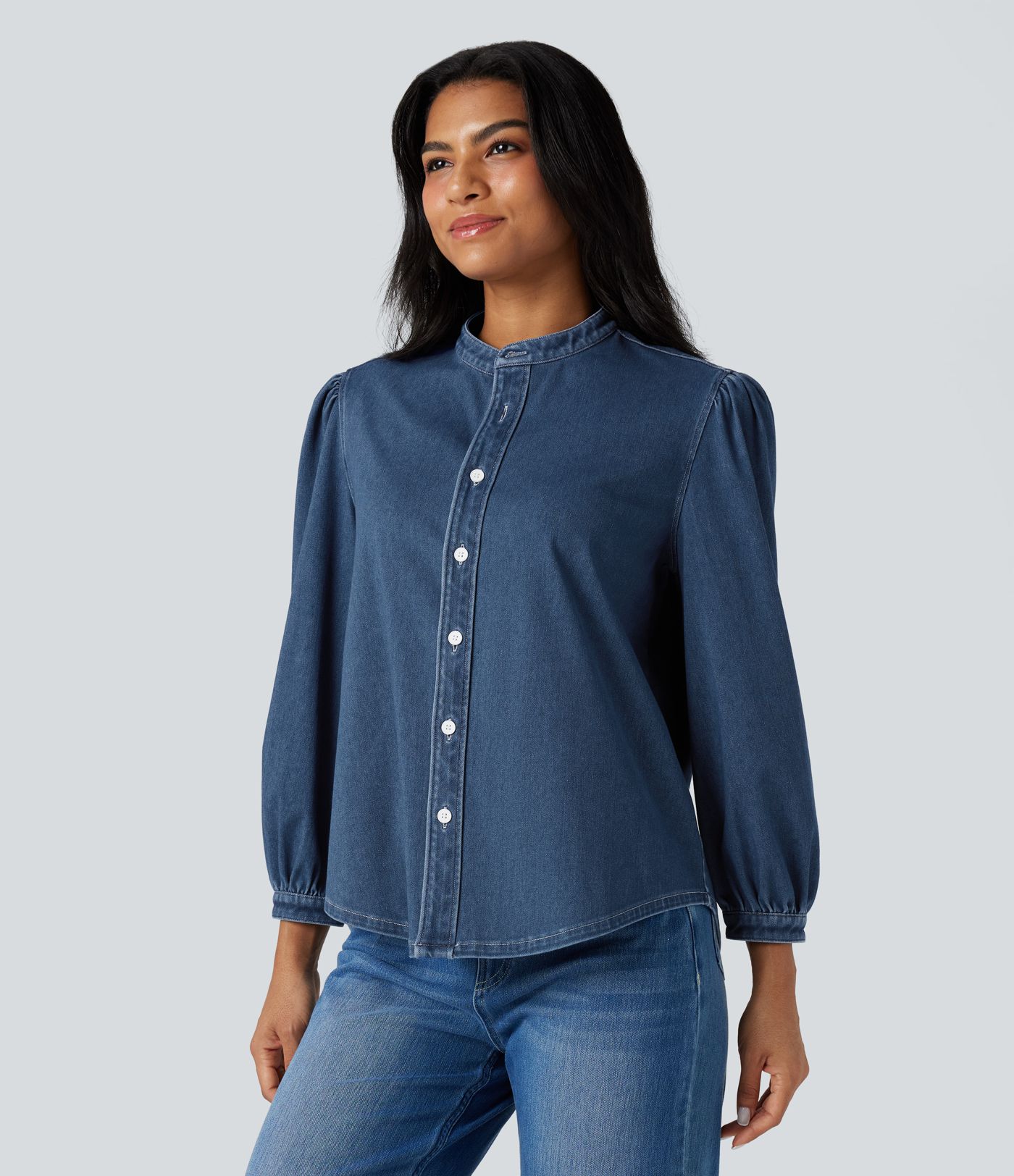 Halara Flex™ camisa casual de mezclilla con cuello mao y mangas 3/4 abullonadas