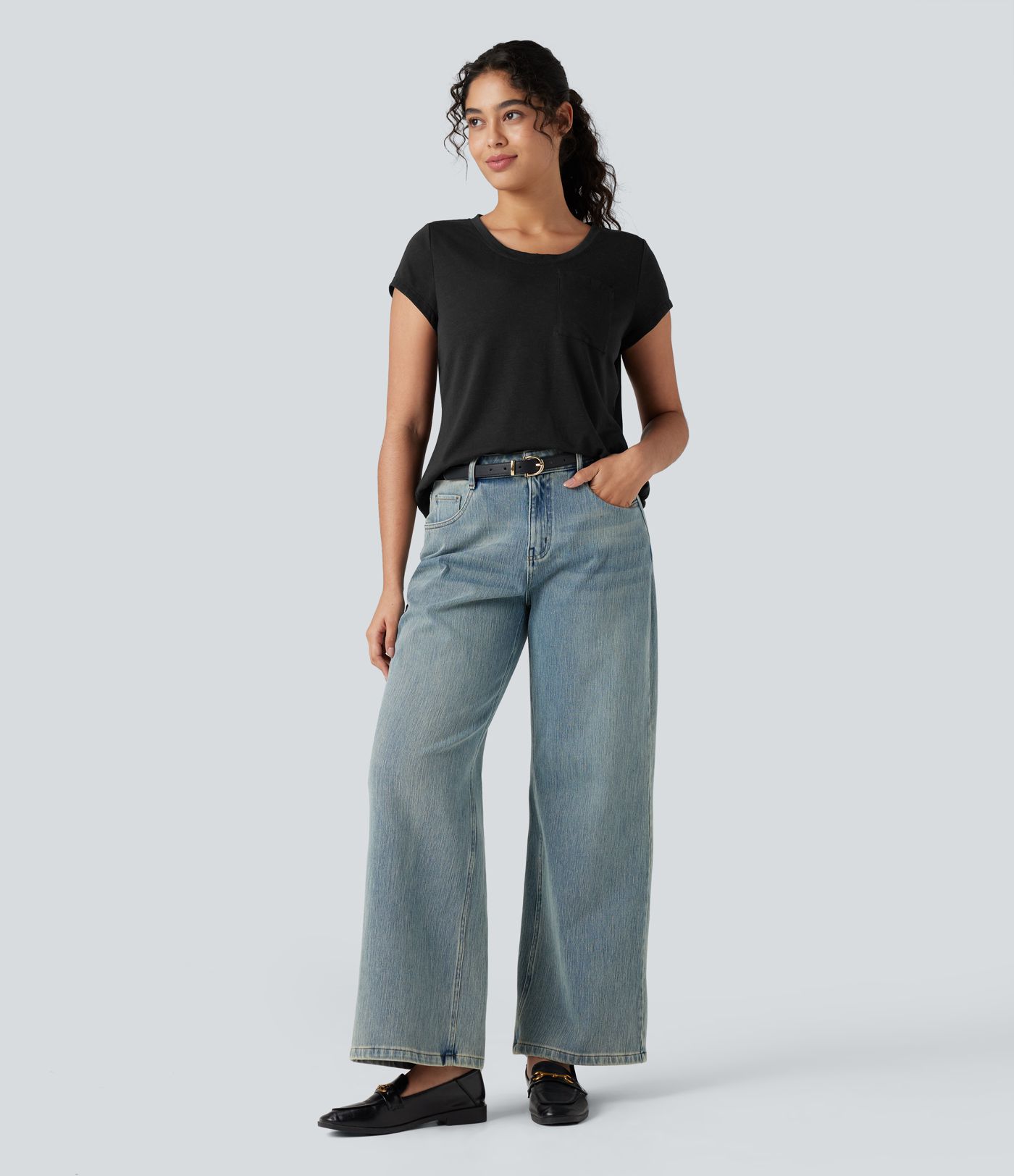 Round Neck Short Sleeve Casual Top with Pocket