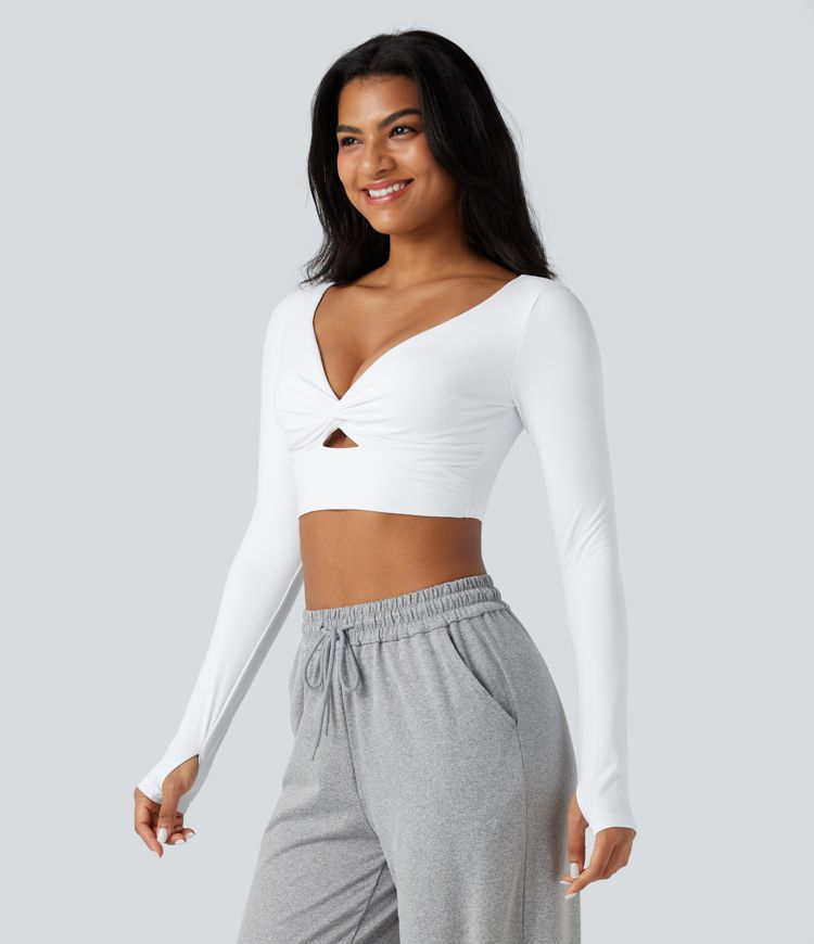 SoftlyZero™ Airy V Neck Cut Out Long Sleeve Thumb Hole Cool Touch Cropped Yoga Sports Top-UPF50+