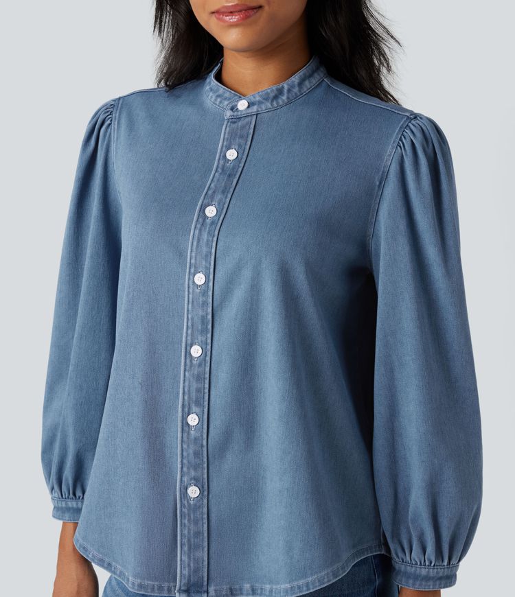Chemise denim Halara Flex™ col montant manches 3/4 bouffantes