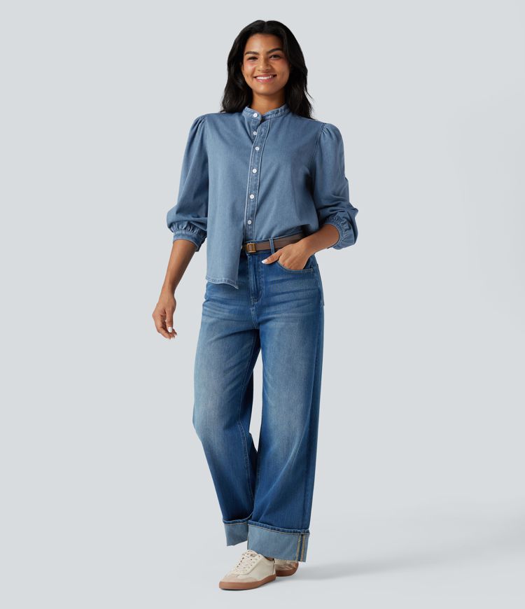 Chemise denim Halara Flex™ col montant manches 3/4 bouffantes