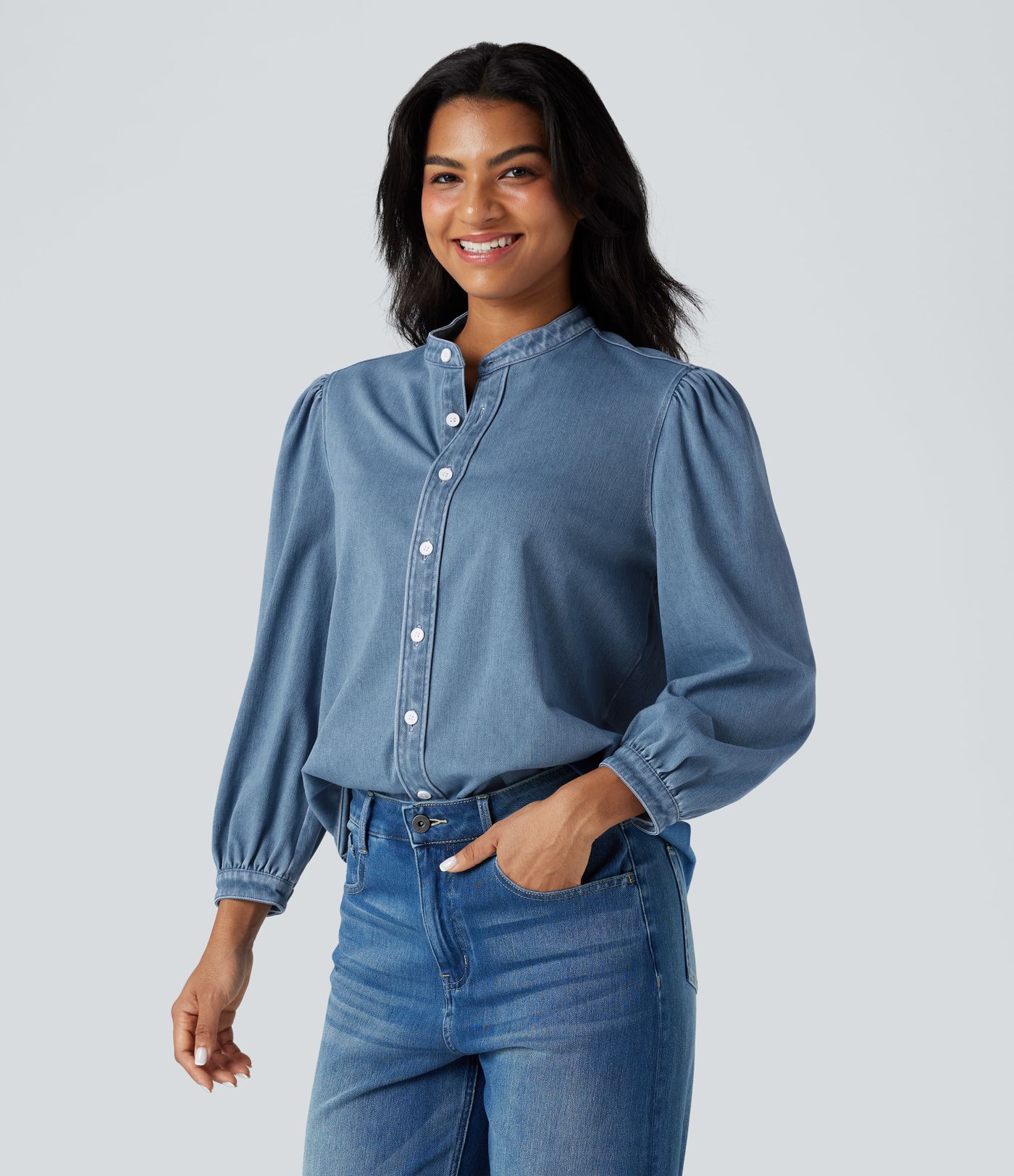 Chemise denim Halara Flex™ col montant manches 3/4 bouffantes