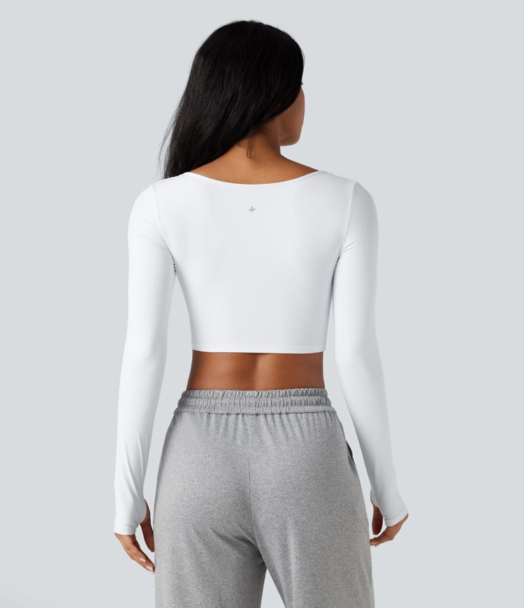 SoftlyZero™ Airy V Neck Cut Out Long Sleeve Thumb Hole Cool Touch Cropped Yoga Sports Top-UPF50+