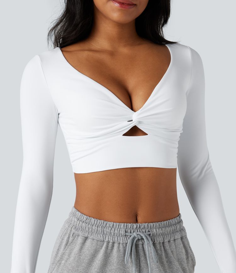 SoftlyZero™ Airy V Neck Cut Out Long Sleeve Thumb Hole Cool Touch Cropped Yoga Sports Top-UPF50+