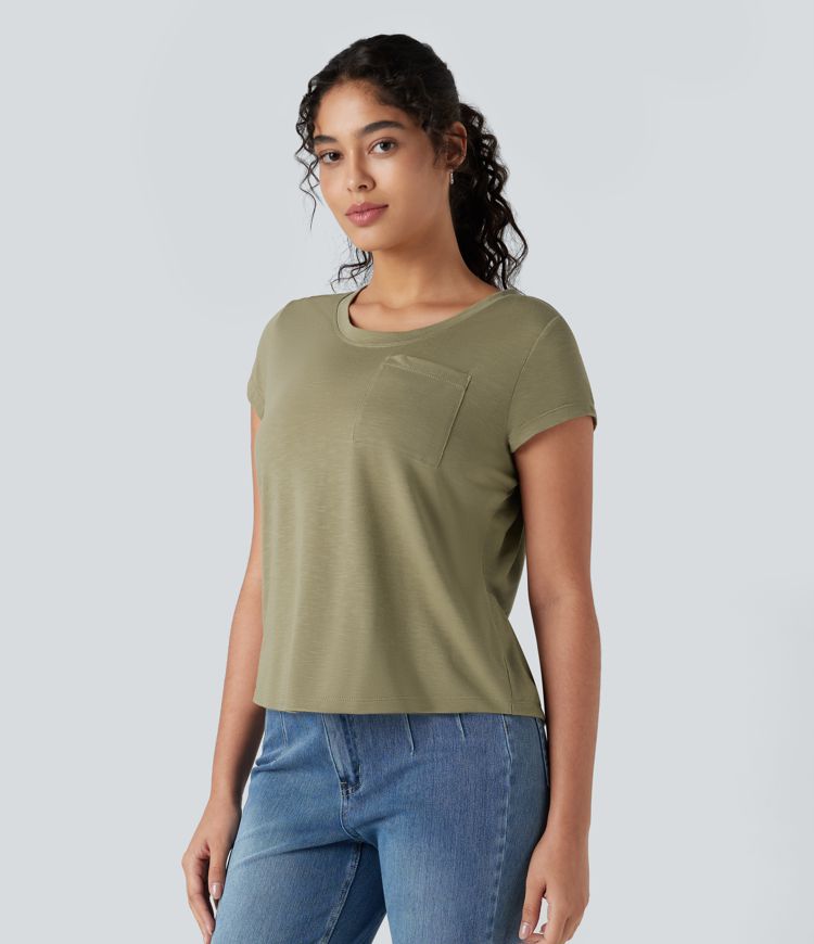 Round Neck Short Sleeve Casual Top with Pocket