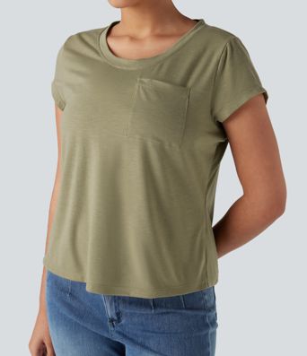 Round Neck Short Sleeve Casual Top with Pocket