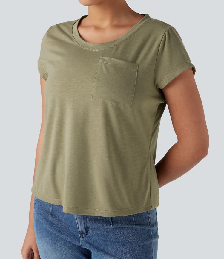 Round Neck Short Sleeve Casual Top with Pocket