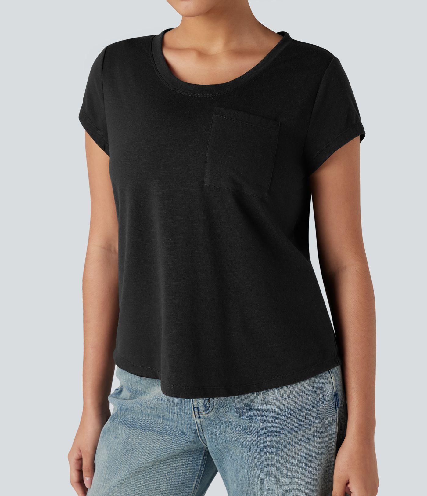 Round Neck Short Sleeve Casual Top with Pocket