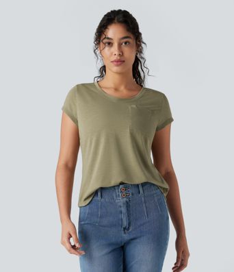 Round Neck Short Sleeve Casual Top with Pocket