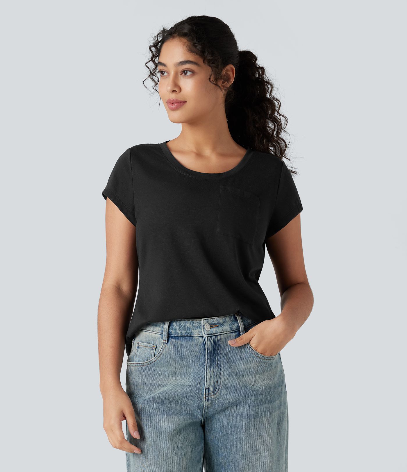 Round Neck Short Sleeve Casual Top with Pocket
