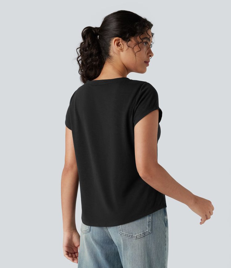 Round Neck Short Sleeve Casual Top with Pocket