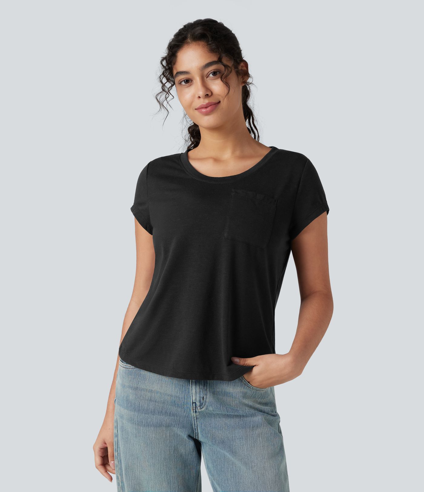Round Neck Short Sleeve Casual Top with Pocket