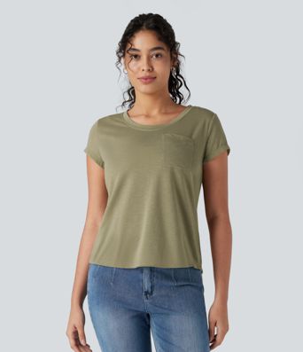 Round Neck Short Sleeve Casual Top with Pocket