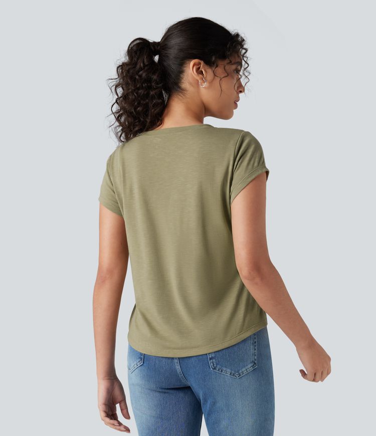 Round Neck Short Sleeve Casual Top with Pocket