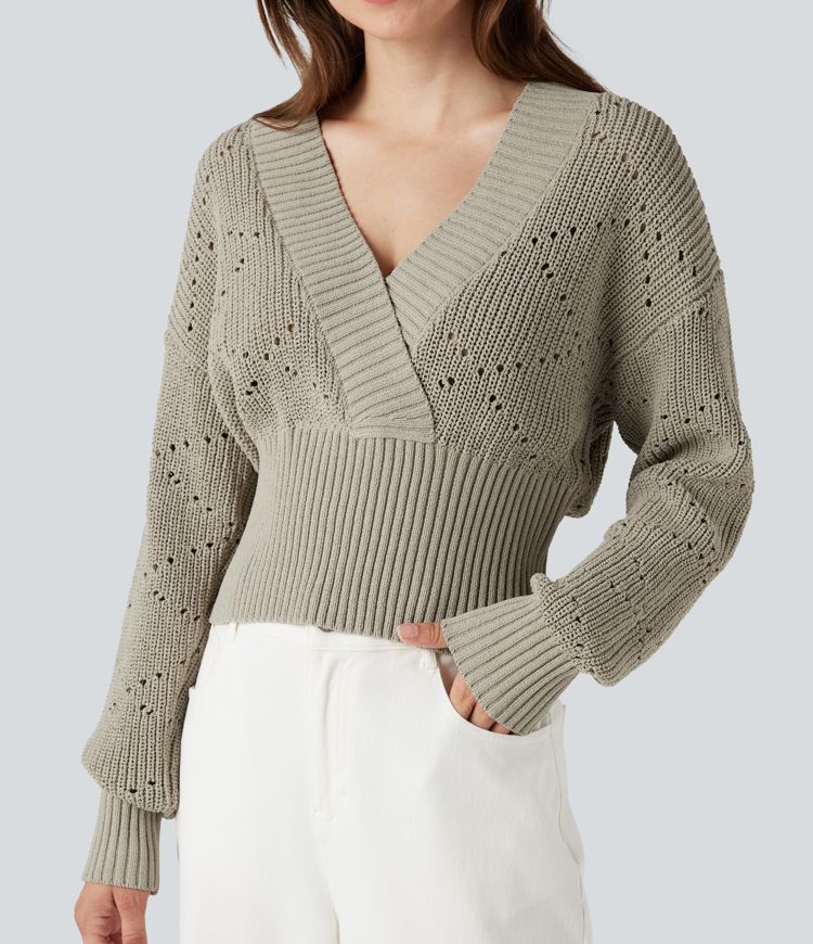 Pull tailleur col V ajouré manches longues