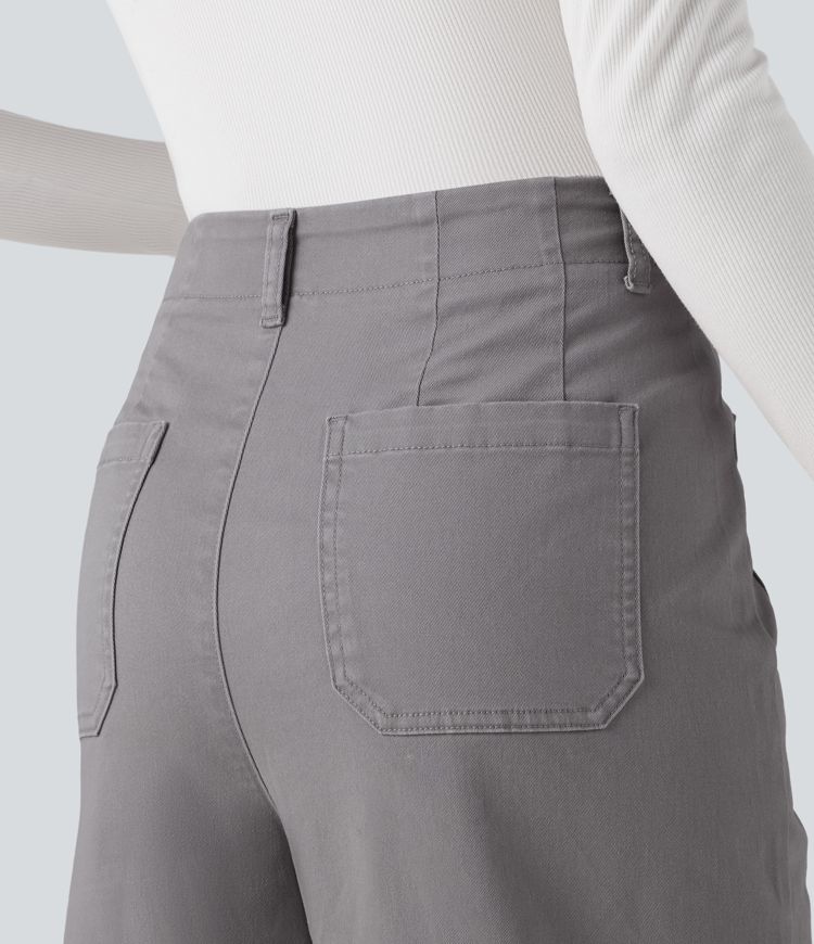 High Waisted Straight Leg Casual Chino Cotton Pants with Pockets
