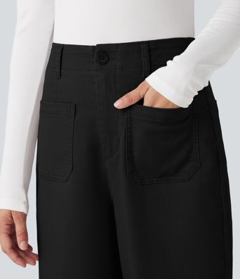 High Waisted Straight Leg Casual Chino Cotton Pants with Pockets