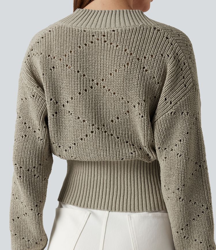 Pull tailleur col V ajouré manches longues