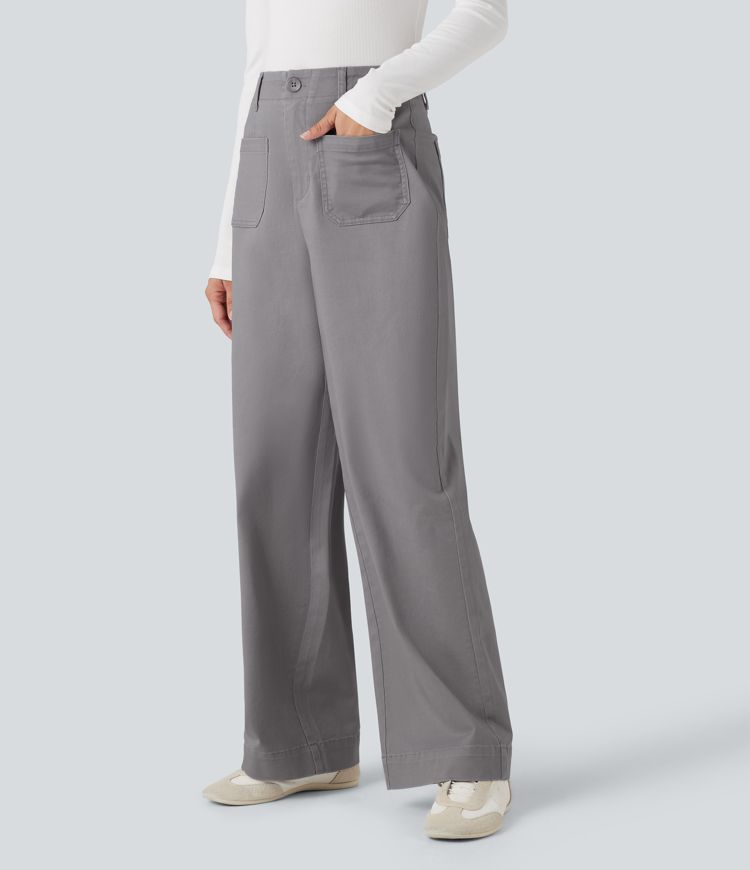 High Waisted Straight Leg Casual Chino Cotton Pants with Pockets
