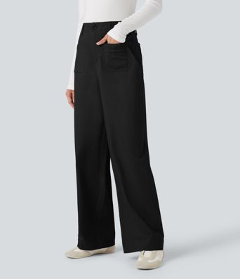 High Waisted Straight Leg Casual Chino Cotton Pants with Pockets