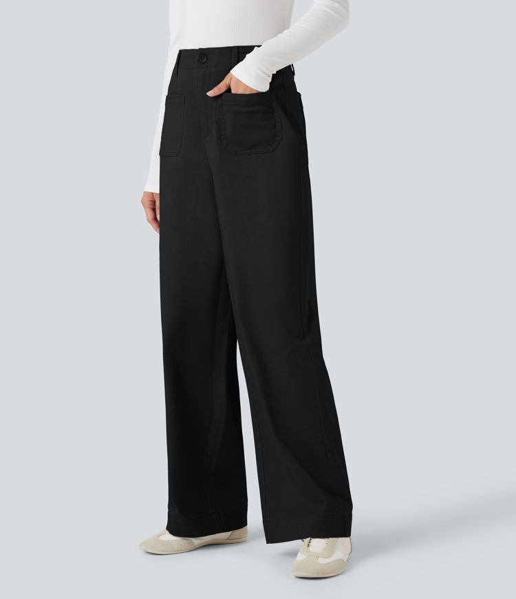 High Waisted Straight Leg Casual Chino Cotton Pants with Pockets