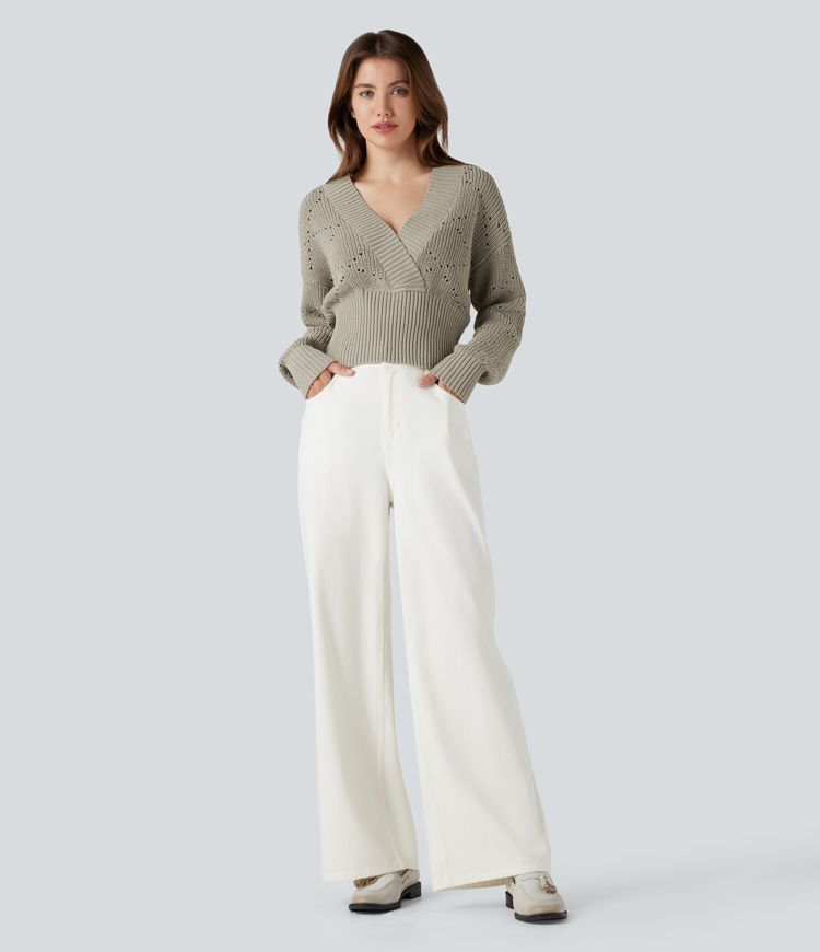 Pull tailleur col V ajouré manches longues