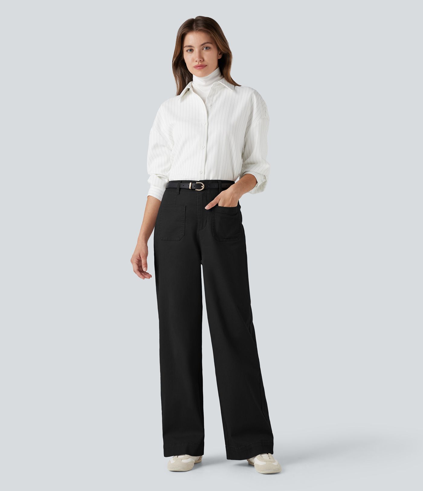 High Waisted Straight Leg Casual Chino Cotton Pants with Pockets