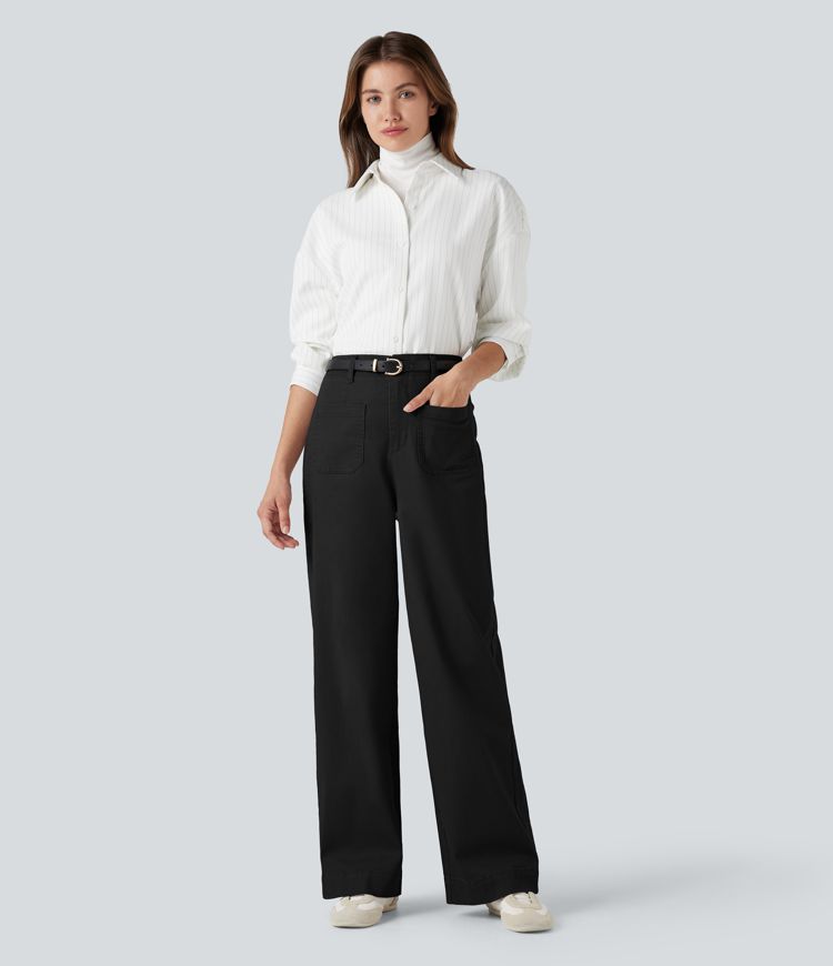 High Waisted Straight Leg Casual Chino Cotton Pants with Pockets