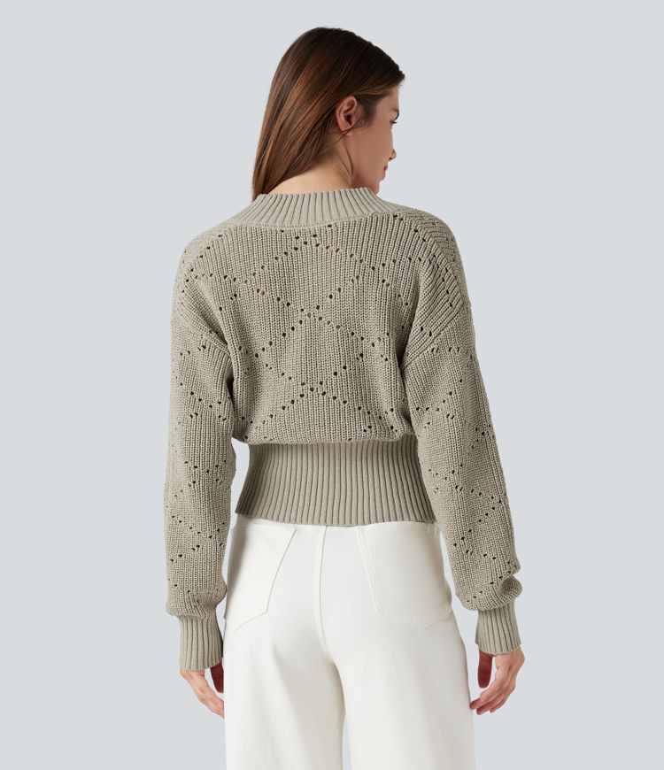 Pull tailleur col V ajouré manches longues