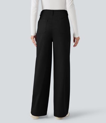 High Waisted Straight Leg Casual Chino Cotton Pants with Pockets