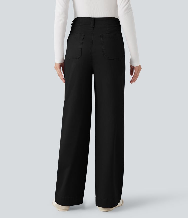 High Waisted Straight Leg Casual Chino Cotton Pants with Pockets